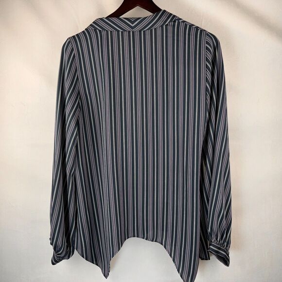 BCBG MaxAzria Blouse Sz S Midnight Teal Asymmetrical Wrap White Pink Stripes - Picture 2 of 7
